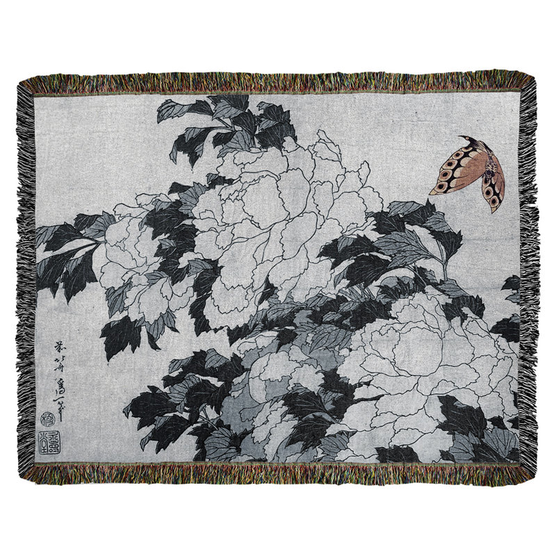 Jeté en coton à pivoines et papillons, Bleu/gris