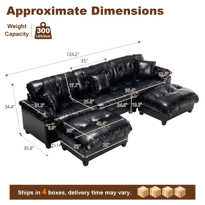 Canapé d'angle surdimensionné en cuir de 315 cm (124,2 po) Cloud pour salon, canapé modulaire moderne en forme de U avec pouf, brun