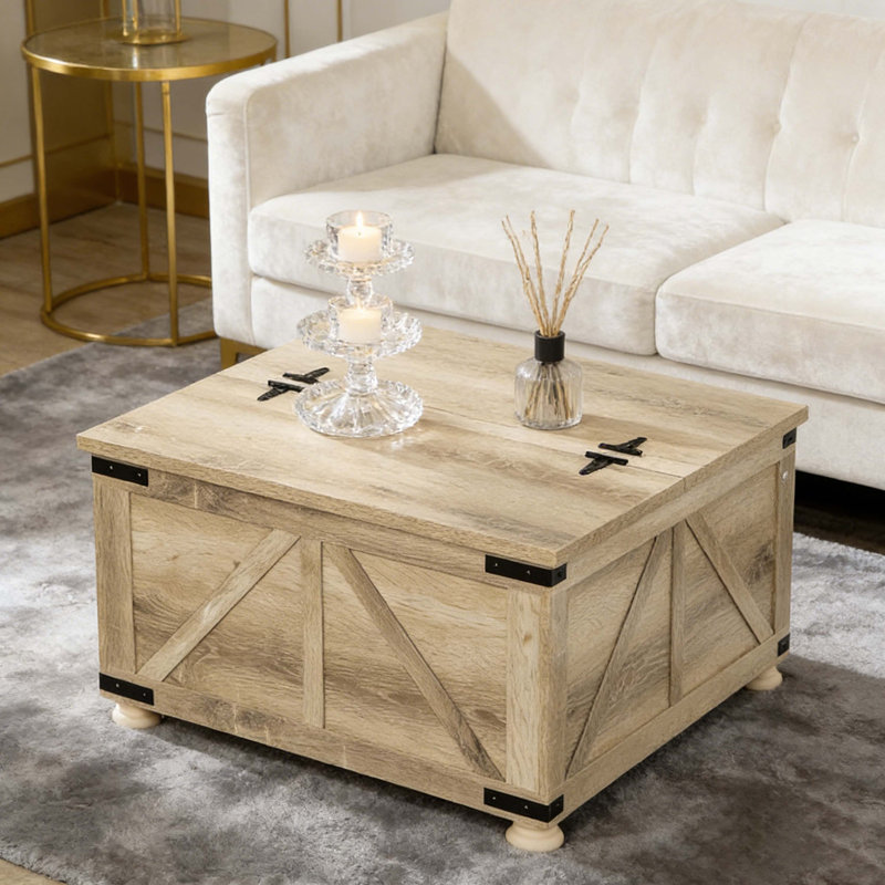Table basse avec rangement, table basse carrée pour le salon, table centrale en bois avec plateau relevable à charnières et espace caché, chêne