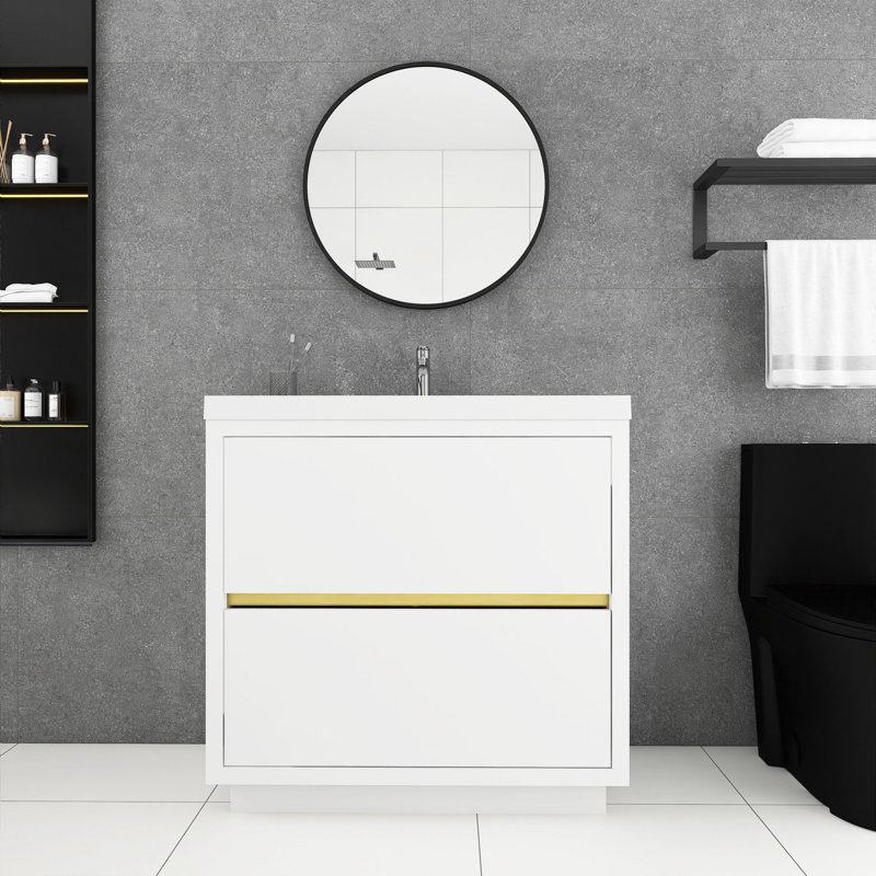 36 po Meuble-lavabo autoportant blanc brillant avec lavabo, Blanc