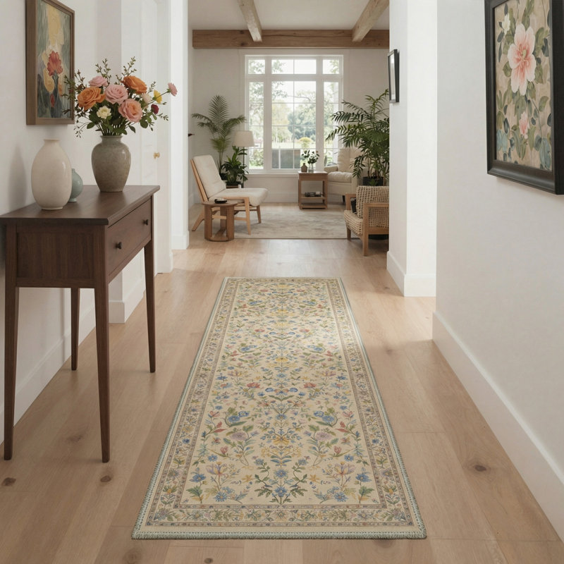 Verdant Floral Machine Washable Beige / Green / Blue Indoor Area Rug with Non-Slip Backing, Runner 2' x 6'
