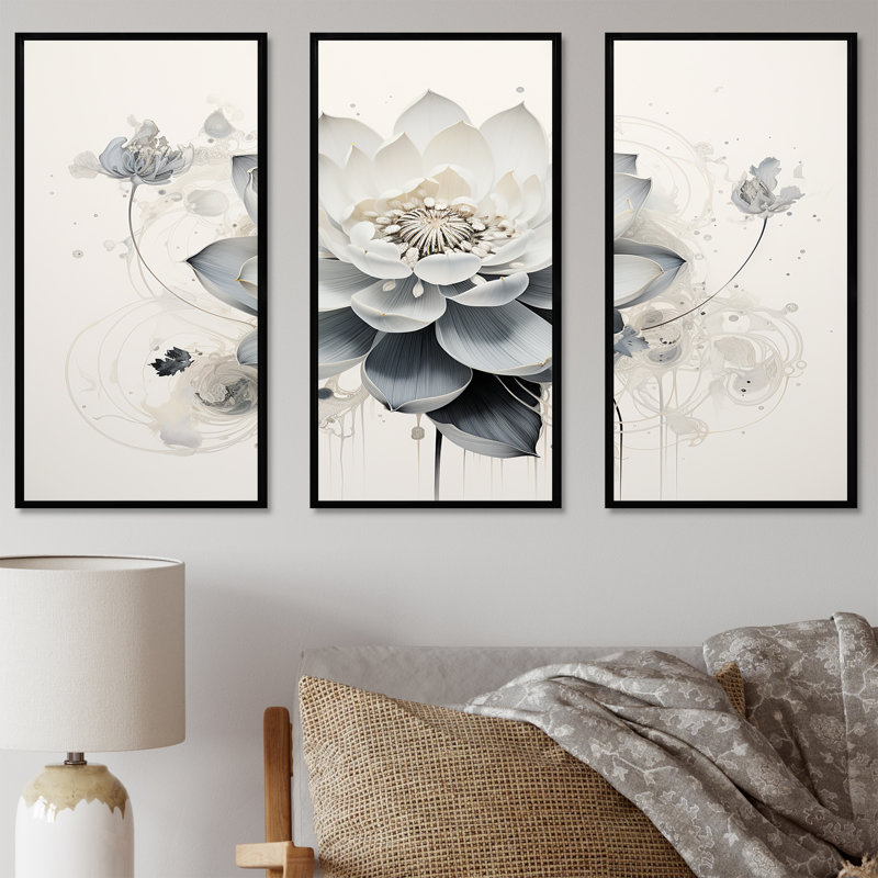 Serenity Blossum Blue Lotus - lot d'art mural lotus, Cadre flottant noir, H 32 po x l 48 po x P 1 po