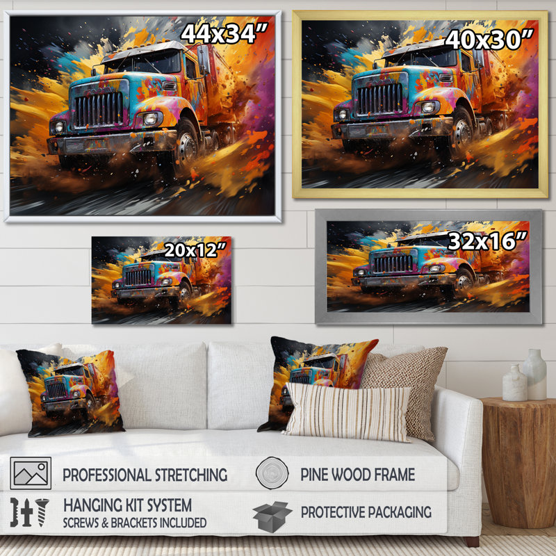 «Expressionist Monster Truck Fury III» sur toile, Cadre flottant noir, H 30 po x l 40 po x P 1,5 po