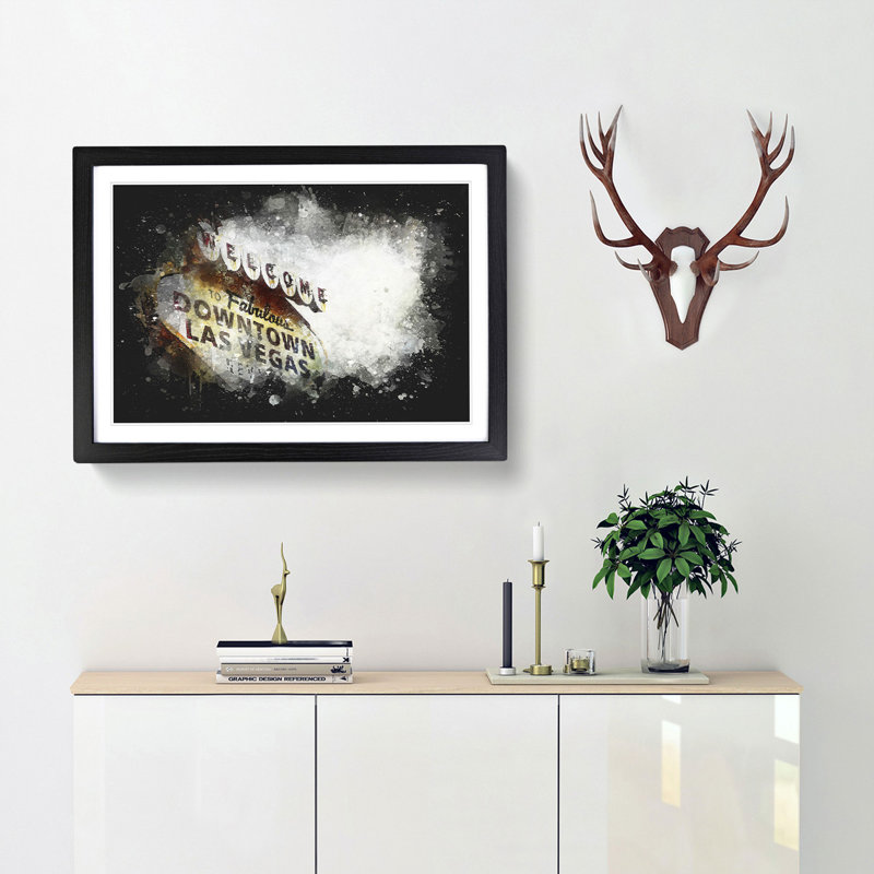 Downtown Las Vegas Sign Paint Splash - Picture Frame Graphic Art, 62cm H x 87cm W x 2cm D, Black Framed