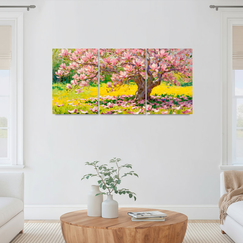 Ensemble de 3 tableaux muraux sur toile à motif floral printanier représentant un cerisier en fleurs, H 18 po x l 36 po