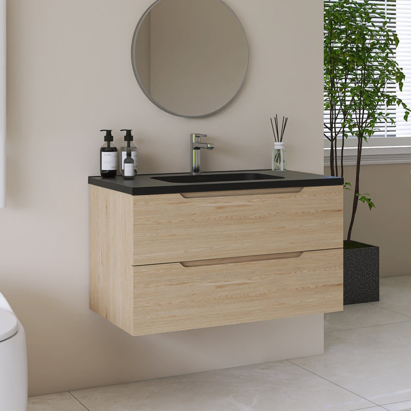 Meuble-lavabo mural simple avec comptoir en quartz noir intégré, 35"