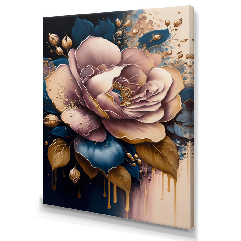 «Decadent Pink and Blue Roses I» - art mural rose, H 32 po x l 24 po x P 1 po, Toile tendue
