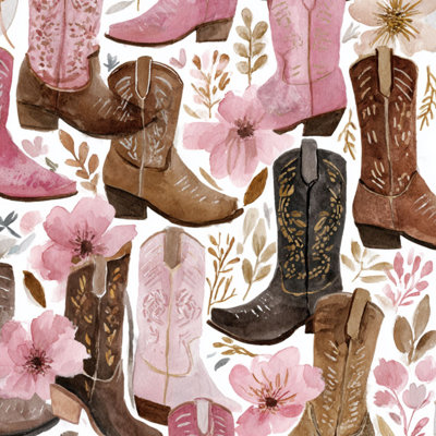 Peel and Stick Wallpaper Contact Paper Cowgirl Pink Cowboy Boots Wildflowers Pink Florals Delicate Leaves Self Adhesive and Removable