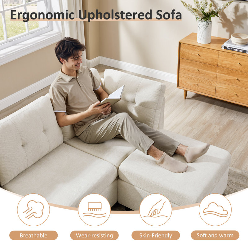 Chenille Upholstered Sectional Sofa Couch With Ottoman, Beige Polyester