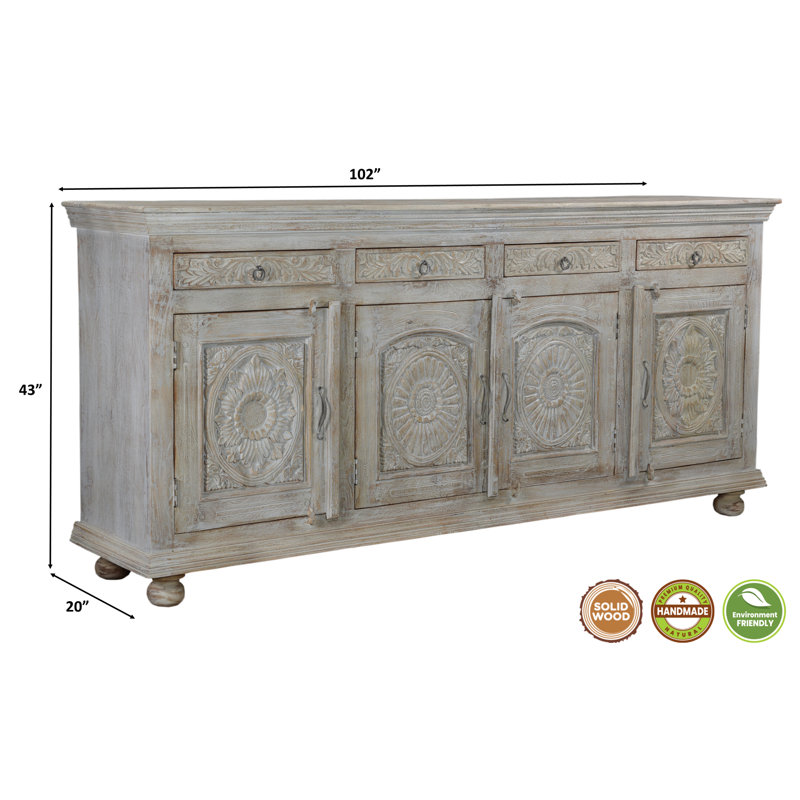 Buffet en bois massif sculpté Harleen, Gris, L 102 po