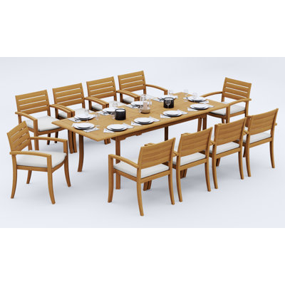 8 Seats 9 Pcs Grade-A Teak Wood Dining Set: 94" Double Extension Rectangle Table And 8 Travota Stacking Arm Chairs #11TV2008