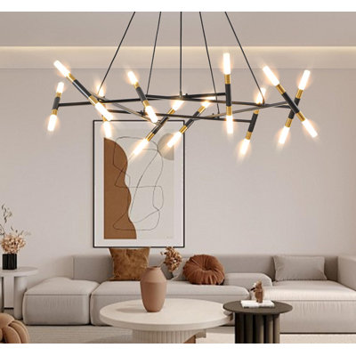 Lustre moderne de 41 po - Branche, tubes givrés et cordons noirs | Luminaire suspendu à hauteur réglable pour la salle à manger, le salon et la cuisine