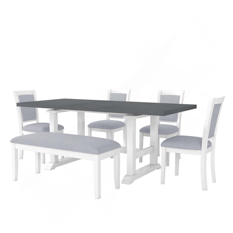 Ensemble de salle à manger 6 PCS 6,9 pouces, table de salle à manger extensible à tréteaux avec rallonge amovible, 4 chaises d'appoint rembourrées et banc