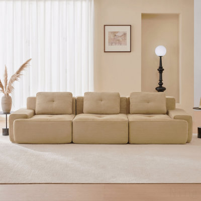 Canapé modulaire moderne de 117 po pour le salon, tissu en velours côtelé, canapé surdimensionné à 3 places avec siège profond, passepoil perlé, conception capitonnée, connexion par boucle