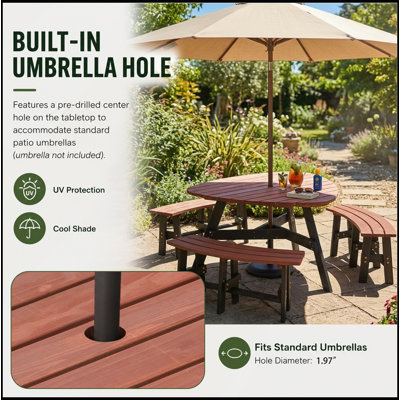 6 Person Semi Circular Solid Fir Wood Picnic Table Set Rustic Tabletop 3 Attached Benches Umbrella Hole