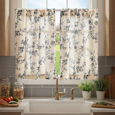 Farmhouse Floral Semi-Sheer Tier Curtains, Linen Blend Cafe Curtain for Kitchen