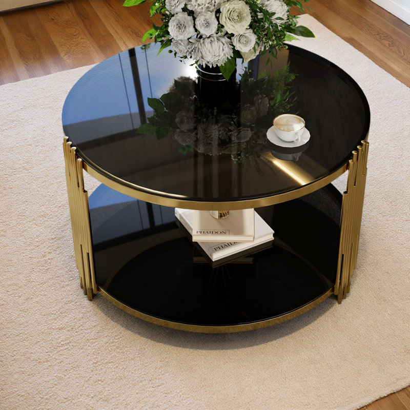 Table basse ronde moderne avec rangement inférieur, Black/Gold