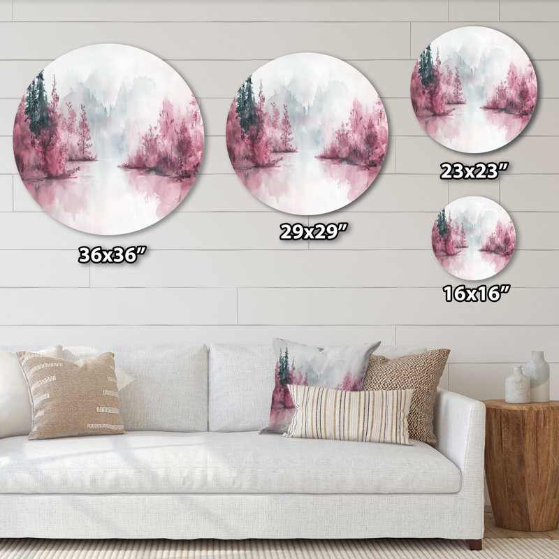 Décoration murale ronde en métal «Pink Blossom Forest By The Lake», L 29 po x H 29 po