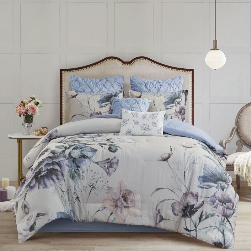 Édredon bleu grand 8 pièces en coton imprimé avec une touche chic décontractée, grand motif floral, comprend 1 édredon, 2 taies décoratives européennes, 3 coussins décoratifs assortis, jupe de lit, fer à repasser infroissable