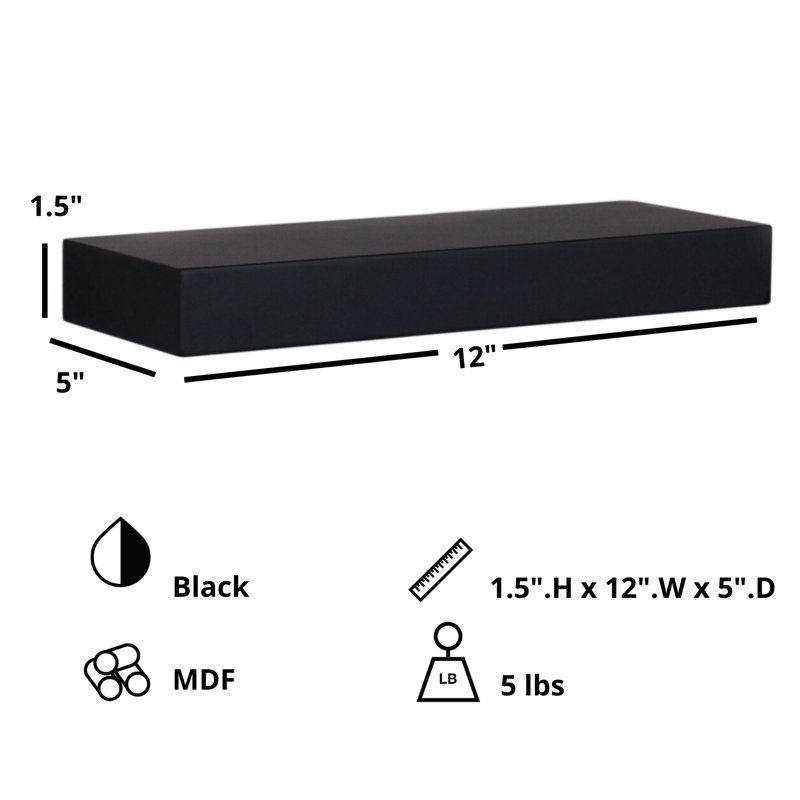 Tablette flottante Mourya, H 1,5 po x l 12 po x P 5 po, Noir