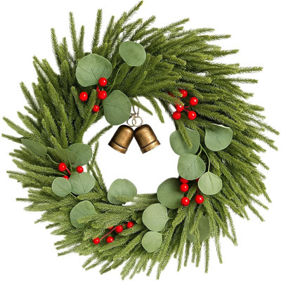 Couronne de Noël artificielle en pin - vert - couronne de porte d'entrée avec baies et clochettes rouges, décoration de Noël intérieure / extérieure