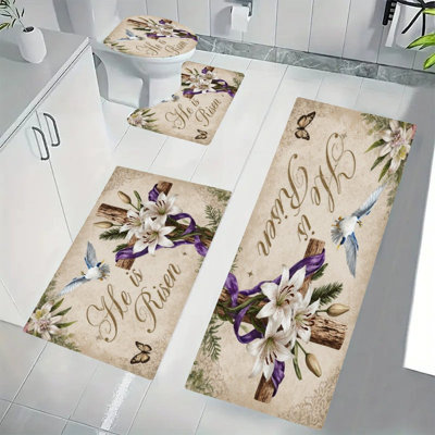 He is Risen Cross with Lilies, Bath Rug Set of 4 for Bathtub, Sink