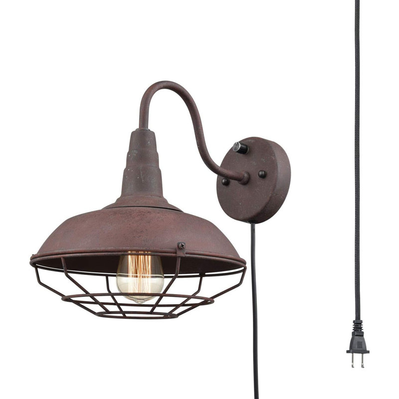 Industrial Vintage Rust Wall Light Fixture With Wire Cage, Gooseneck Design, Plug-In Or Hardwired