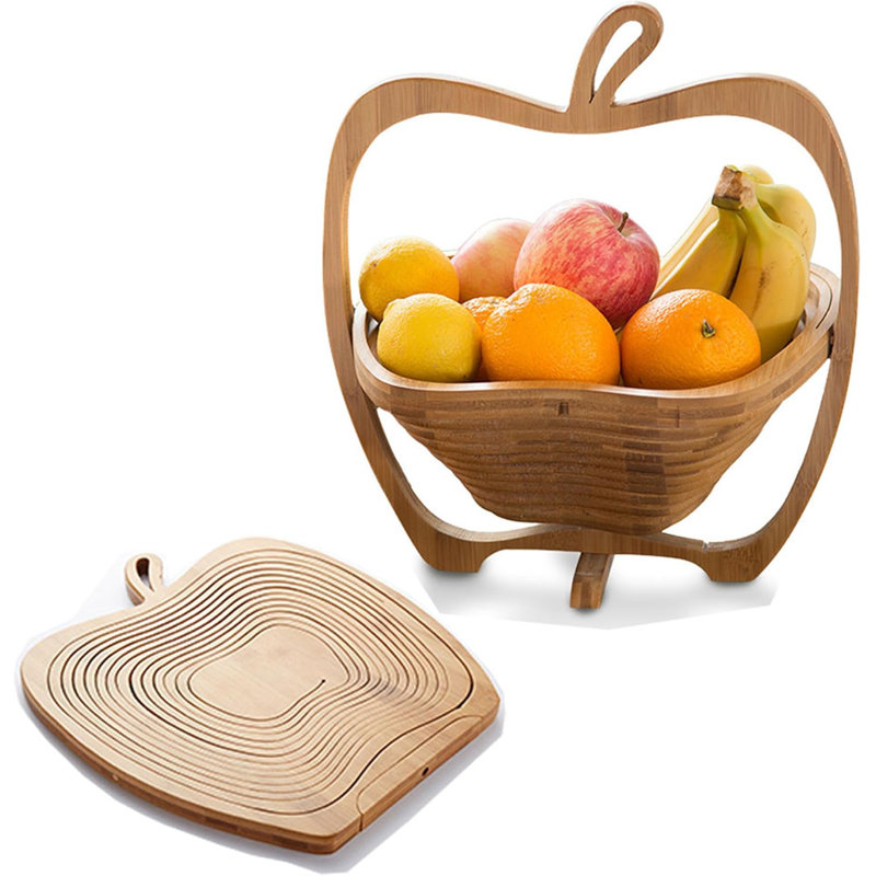 MantraRaj Apple Shaped Basket Foldable Decorative Wooden Traditional Fruit Bowl  Solid Wood Basket
