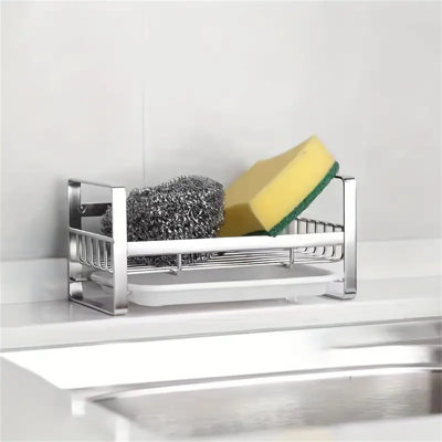Organisateur de chariot d'évier de cuisine en acier inoxydable, porte-éponge à usages multiples avec plateau de drain pour distributeur de savon et brosses de nettoyage