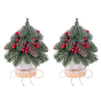 Ensemble de 2 petits arbres de Noël artificiels en pot, mini plante de Noël givrée en PE avec pommes de pin et baies rouges, pot en plastique avec nœud en toile de jute pour décoration de table de cheminée