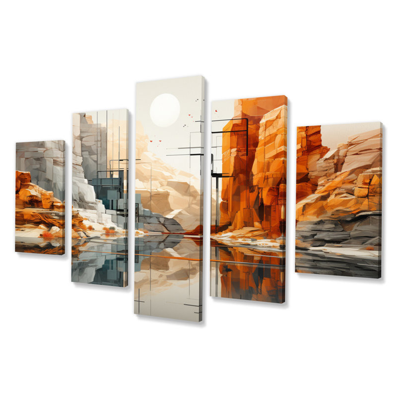 Orange gris canyons gris profonds - art mural sur toile canyon - 5 panneaux