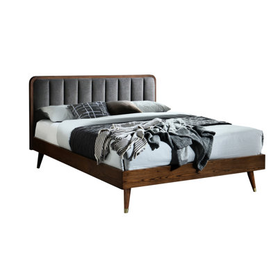 Queen Size Bed Frame In Mid - Century Design, Solid Wood And , Linen Upholstered, Gold Tone Metal Legs Modern Bed: Legs, Slat Support For Comfort