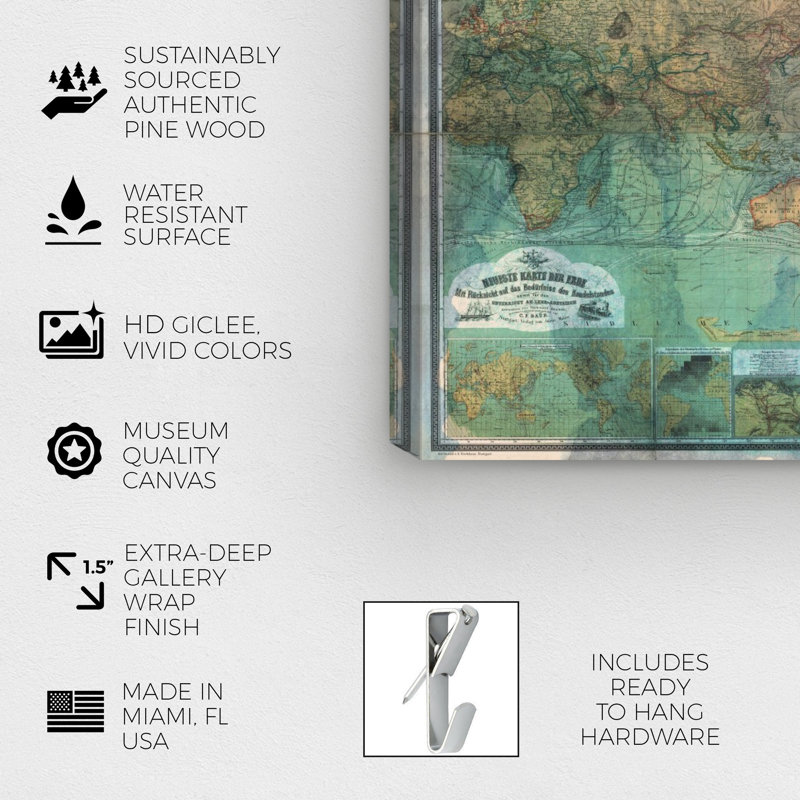« the world map 1870 », impression sur toile, H 30 po x l 45 po x P 1,5 po
