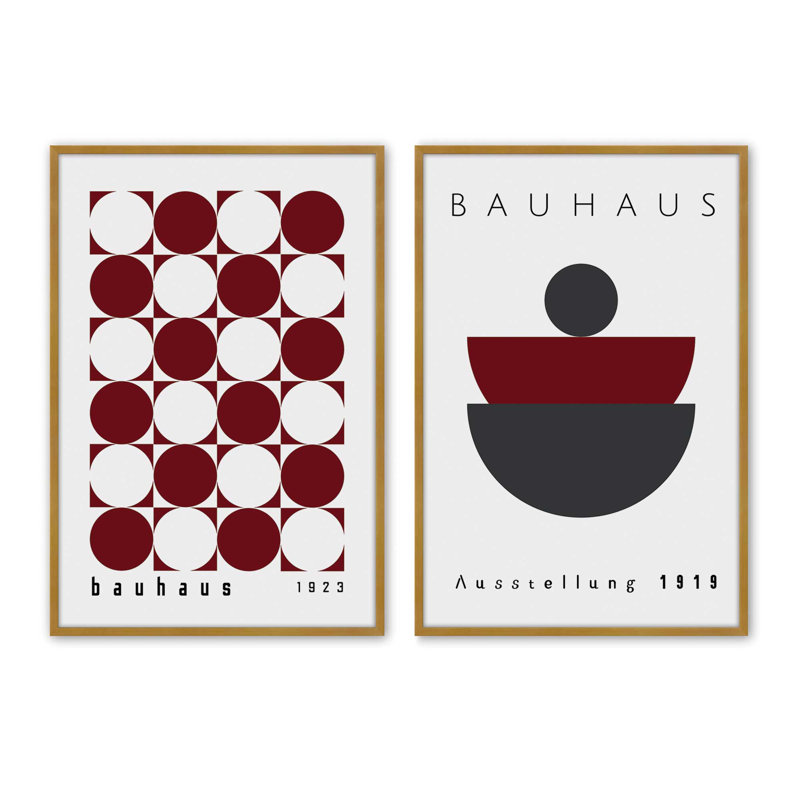 Ensemble de 2 impressions bourgogne bourgogne bauhaus, Cadre doré poli, H 37,5 po x l 49,5 po x P 1,25 po