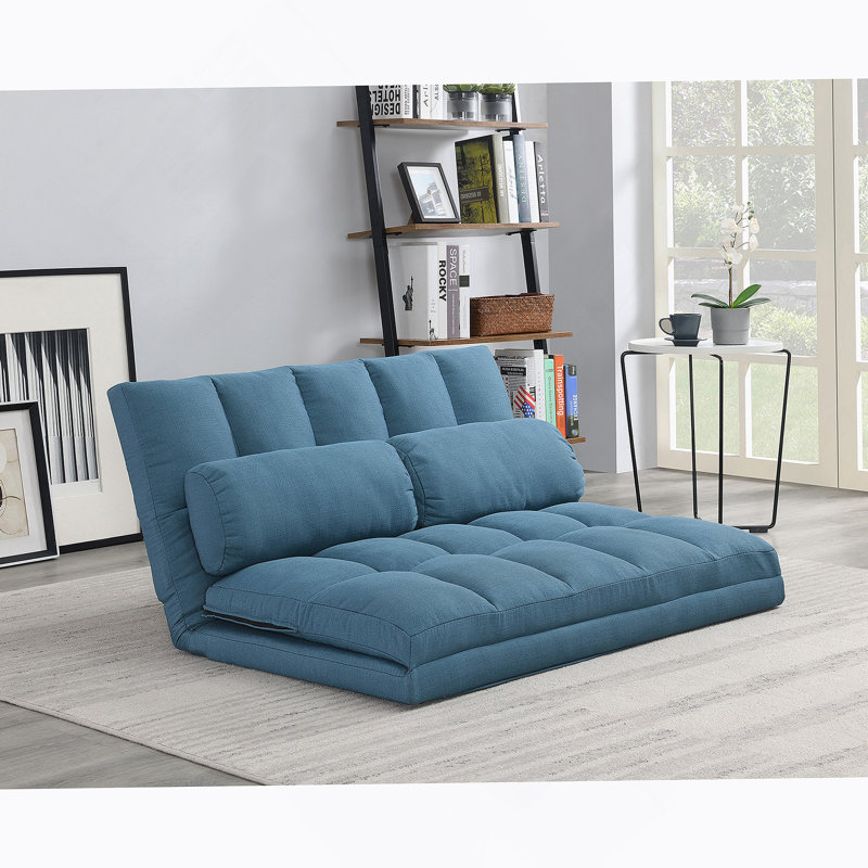 Canapé-lit à 3 volets, matelas pliant avec 2 coussins, rembourrage en mousse haute densité bleu, tissu en polyester, Bleu