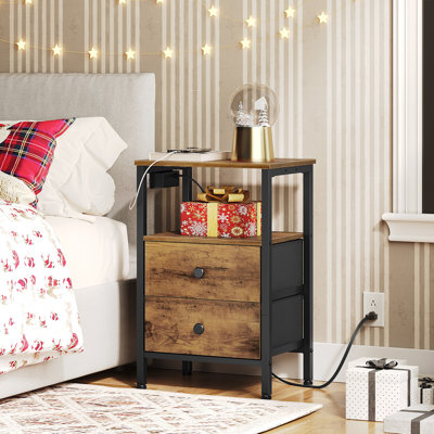 23.4"H End Table with Charging Station and 2 Non-woven Fabric Drawers