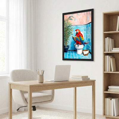 Parrot Reading Book On Toilet Canvas Wrapped Wall Art Bathroom Decor