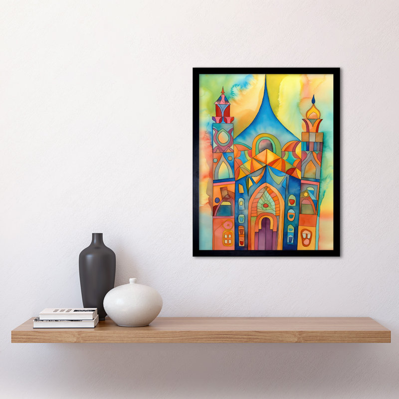 Jewish Synagogue Building Multicoloured Folk Art Watercolour Painting Art Print Framed Poster Wall Decor 12x16 inch