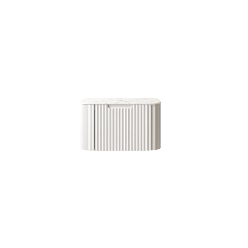 Meuble de salle de bain moderne suspendu de 61 cm (24 po), comptoir en pierre frittée blanche, un tiroir avec motif 3D de style français et fermeture amortie, sans bonde, robinet silencieux à panneau rayé