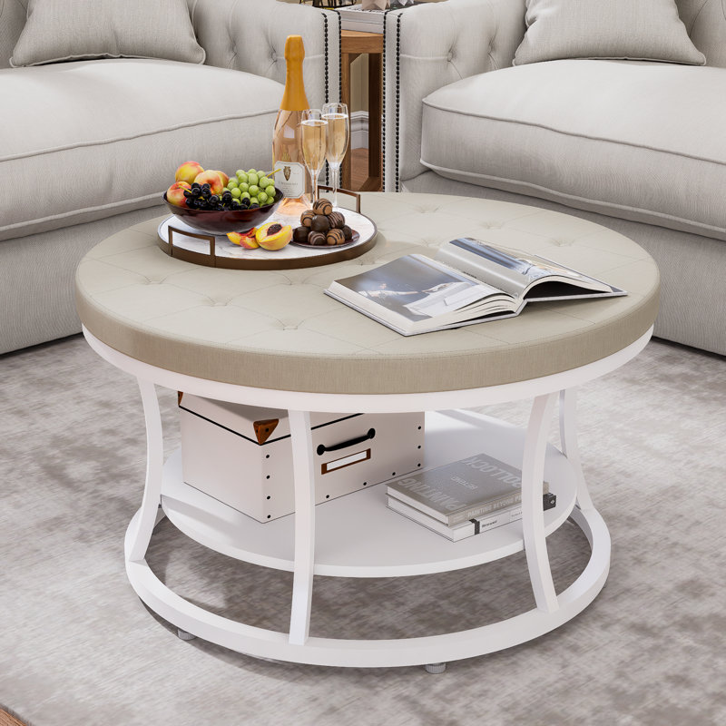 Large Round Ottoman Coffee Table With Storage Shelf, 31.5 Inch Tufted Linen Upholstered Footrest Stool, Modern Accent Ottoman With Sturdy Metal Legs For Living Room, Bedroom, Dorm Decor, Beige