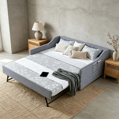 Convertible Daybed with Trundle, Tufted Upholstered 3-in-1 Sofa Bed with Side Storage for Compact Living