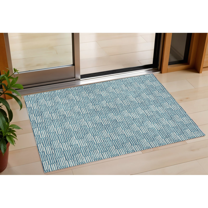 3' X 5' Teal Blue And Ivory Geometric Washable Indoor Outdoor Area Rug