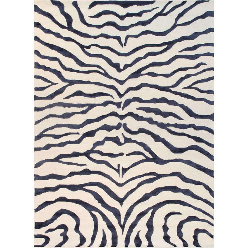 Tapis ivoire / bleu marine en laine / soie à motif animal fait à la main 5 pi x 8 pi