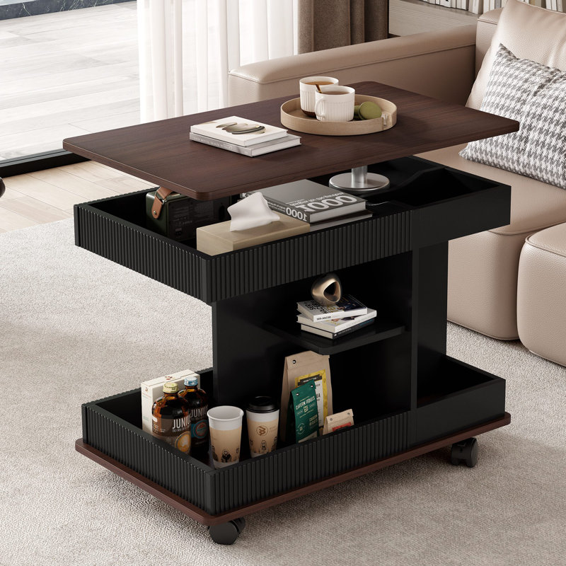 Table d'appoint multifonctionnelle avec plateau relevable et roulettes, Noir