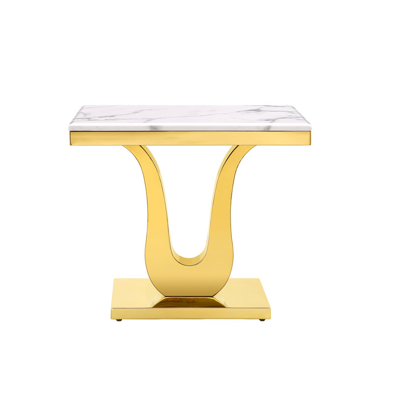 Gracianna White Square Side Table with silver Metal U-Base, Gold, White