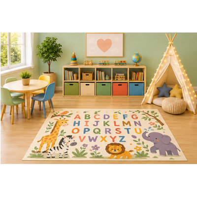 "Ultra Lightweight" 5'x7' Safari Alphabet Area Rug, Educational ABC Animal Learning Play Mat with Giraffe Zebra Lion Elephant for Kids Nursery Classroom Playroom, Non-Slip Silicone Backing Low Pile