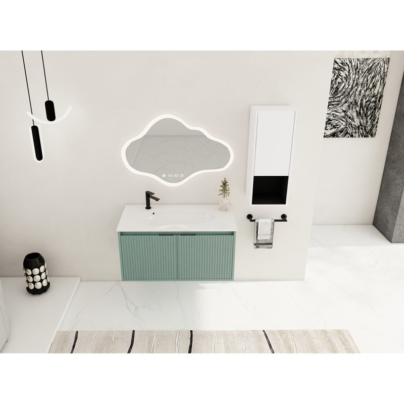 Meuble-lavabo de salle de bain 36 po avec lavabo en résine en forme de goutte et tablette latérale, blanc, compartiment de finition contemporain en contreplaqué à fermeture douce, design moderne