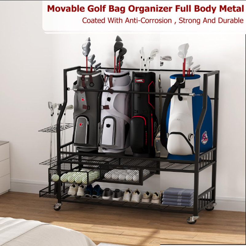 Heavy Duty Golf Bag Storage Rack with Wheels – Holds 4 Large Golf Bags – Rolling Organizer Stand for Clubs, Balls & Accessories – Ideal for Garage, Club, Basement, 116×40×107CM