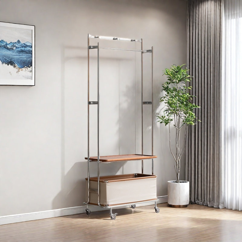 Stainless Steel Coat Rack Shelf Leather Basket, Cream