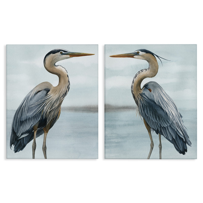 Detailed Heron Bird Duo Blue and Gray Canvas Wall Art Set